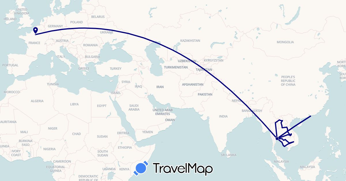 TravelMap itinerary: driving in France, Hong Kong, Cambodia, Laos, Thailand (Asia, Europe)
